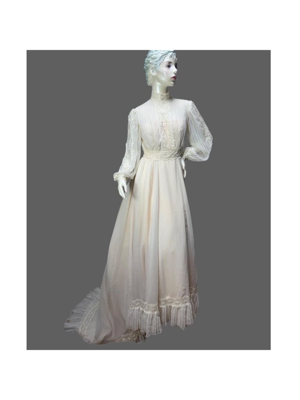 1970s Edwardian Style Wedding Dress | Sheer Bishop Sleeve & Lace Ruffle gown